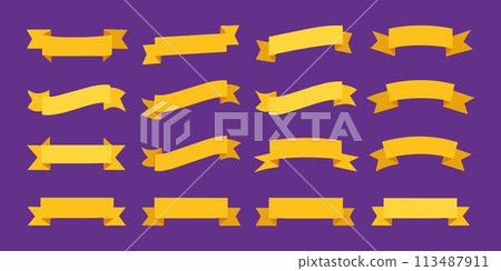 Beautiful lovely ribbon, banner or tag vector logo art set. Flat gold color. 113487911