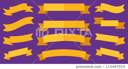 Beautiful lovely ribbon, banner or tag vector art set. Flat gold color. 113487914