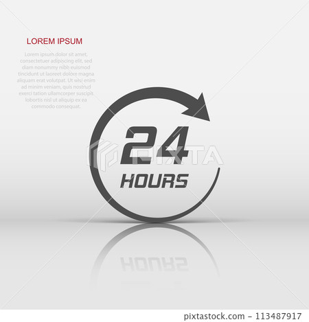 Twenty four hour clock icon in flat style. 24/7 service time illustration on white isolated background. Around the clock sign concept. 113487917