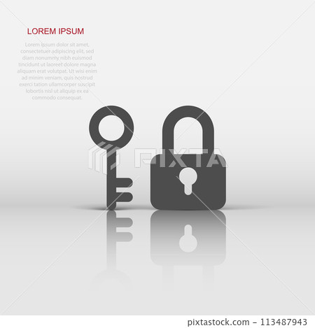 Key with padlock icon in flat style. Access login vector illustration on white isolated background. Lock keyhole business concept. 113487943