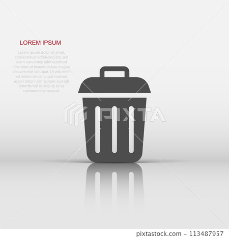 Trash bin garbage icon in flat style. Trash bucket vector illustration on white isolated background. Garbage basket business concept. Trash bin garbage icon in flat style. Trash bucket vector illustration on white isolated background. Garbage basket business concept. 113487957