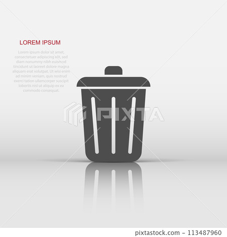 Trash bin garbage icon in flat style. Trash bucket vector illustration on white isolated background. Garbage basket business concept. Trash bin garbage icon in flat style. Trash bucket vector illustration on white isolated background. Garbage basket business concept. 113487960