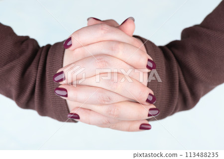 Female fingers with blackberry-colored manicure on nails. 113488235