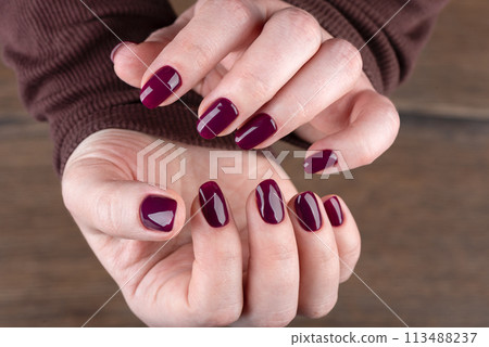 Blackberry colored manicure on female hands over wooden background. Blackberry colored manicure on female hands over wooden background. 113488237