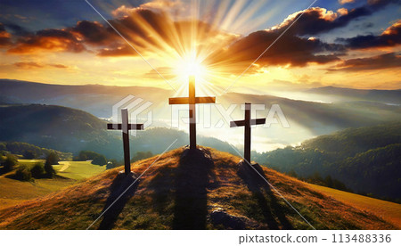 Aerial View of Three Religious Crosses Against a Dramatic Sky at Sunset - Generative Ai 113488336
