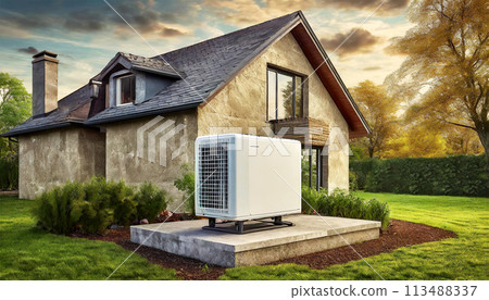 Air Source Heat Pump on a Concrete Base on the Outside of a House - Generative Ai 113488337