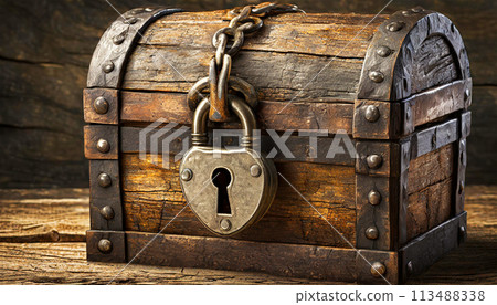 Ancient Treasure Chest with Heart-shaped Padlock - Generative Ai Ancient Treasure Chest with Heart-shaped Padlock - Generative Ai 113488338