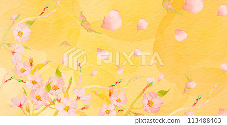 Golden watercolor background with cherry blossom petals 113488403