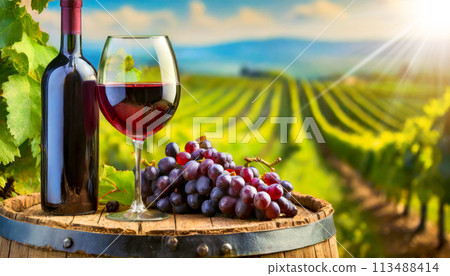 Bottle and Wine Glass with Red Grapes and Barrel - Generative Ai 113488414