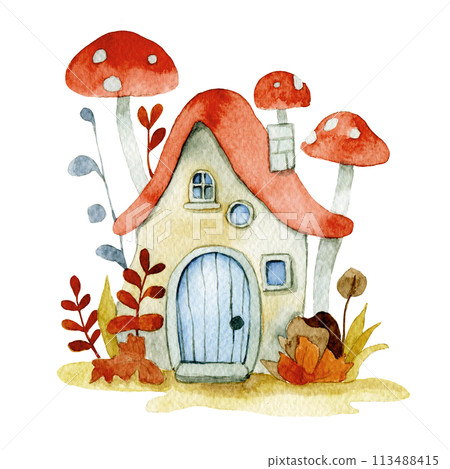 cute fairy house mushroom. watercolor drawing for children. house in the forest 113488415