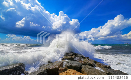 Breakwater - Large White Waves of the Sea Break on the Rocks - Generative Ai 113488416