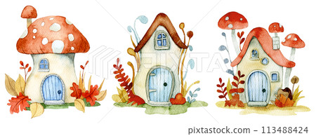 set of cute fairy mushroom houses. watercolor drawing for children. house in the forestset of cute fairy mushroom houses. watercolor drawing for children. house in the forest set of cute fairy mushroom houses. watercolor drawing for children. house in the forestset of cute fairy mushroom houses. watercolor drawing for children. house in the forest 113488424