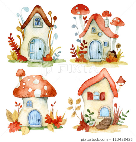 set of cute fairy mushroom houses. watercolor drawing for children. house in the forest 113488425