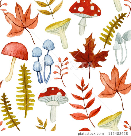 seamless pattern of cute autumn leaves and mushrooms. watercolor drawing cartoon seamless pattern of cute autumn leaves and mushrooms. watercolor drawing cartoon 113488428