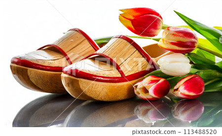 Dutch Wooden Clogs and Tulips Isolated on White Background - Generative Ai 113488520