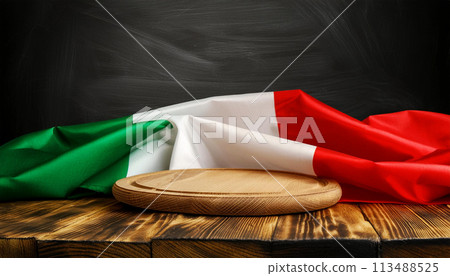 Empty Wooden Cutting Board on a Table with Italian Flag - Generative Ai 113488525