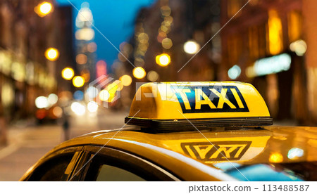Illuminated Taxi Sign on Roof Car in Night City With Bokeh Effect - Generative Ai Illuminated Taxi Sign on Roof Car in Night City With Bokeh Effect - Generative Ai 113488587