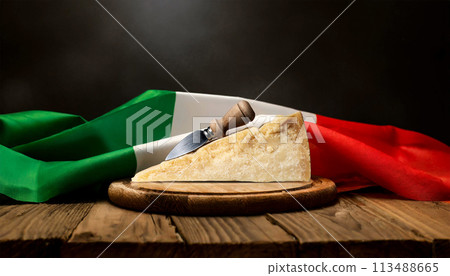 Slice of Italian Parmesan Cheese and Knife on a Wooden Table - Generative Ai 113488665