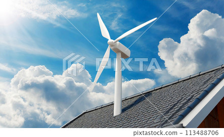 Small White Wind Turbine on the top of a Roof of a House - Generative Ai 113488706