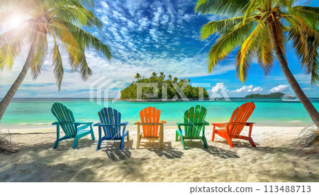 Tropical Turquoise Beach with a Row of Colorful Outdoor Adirondack Chairs - Generative Ai 113488713