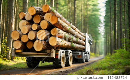 Truck Carrying Pine Wooden Logs in a Green Forest - Generative Ai 113488714