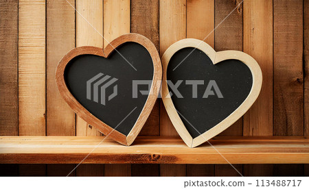 Two Blank Blackboards in the Shape of Heart on a Wooden Shelf - Generative Ai 113488717