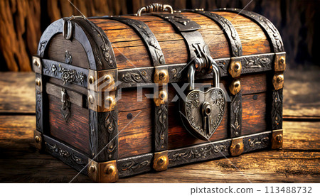 Ancient Treasure Chest with Heart-shaped Padlock - Generative Ai 113488732