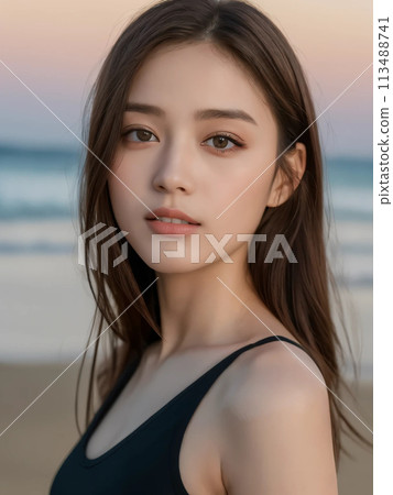 A woman with long hair wearing a tank top and making a pose at the beach 113488741