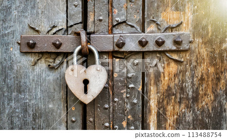 Wooden Door with Wrought Iron Latch and Heart-shaped Padlock - Generative Ai Wooden Door with Wrought Iron Latch and Heart-shaped Padlock - Generative Ai 113488754