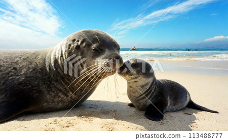 Close-up of a Baby Seal Kissing its Mother in a Sunny Sandy Beach - Generative Ai 113488777