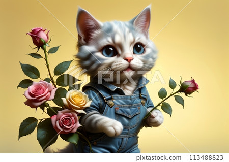 cute cat with a bouquet of roses 113488823