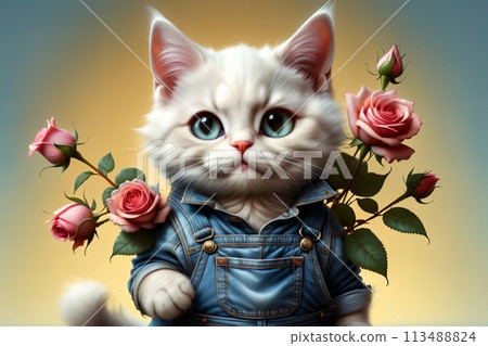 cute cat with a bouquet of roses 113488824