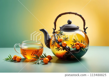 sea buckthorn tea in a glass teapot isolated on a yellow background 113488825