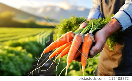 Hand of a Farmer Holding Some Carrots Just Picked From the Ground - Generative Ai 113488872