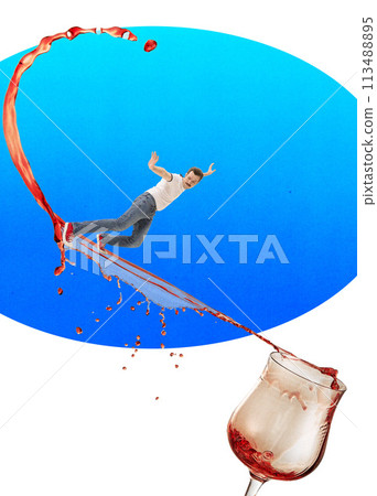 Contemporary art collage. Man surfing on wave of alcoholic cocktail liquid pouring from glass against abstract background. Contemporary art collage. Man surfing on wave of alcoholic cocktail liquid pouring from glass against abstract background. 113488895
