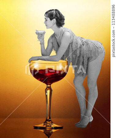 Contemporary art collage. Young woman in black and white filter drinking cocktail leaned on huge glass of bourbon as on bar counter. 113488896