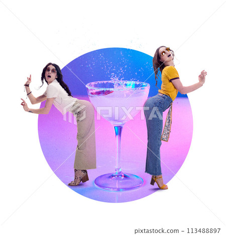 Contemporary art collage. Two woman stands near glass of sweet and sour cocktail posing playfully against colorful background. Contemporary art collage. Two woman stands near glass of sweet and sour cocktail posing playfully against colorful background. 113488897