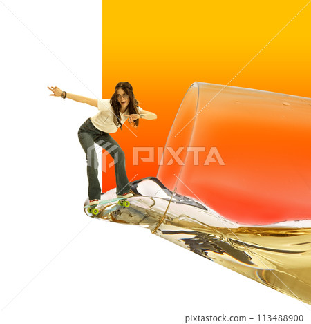 Contemporary art collage. Woman surfing on wave of alcoholic cocktail liquid pouring from glass against abstract background. 113488900