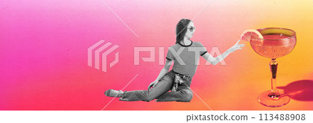 Banner. Contemporary art collage. Woman in monochrome filter reaching to sweet and sour oversized alcohol cocktail. Banner. Contemporary art collage. Woman in monochrome filter reaching to sweet and sour oversized alcohol cocktail. 113488908