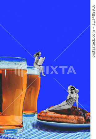 Contemporary art collage. Two young woman in swimsuits resting, relaxing on glasses of beer and delicious sausages. 113488916