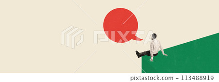 Businessman sitting with speech bubble. Conceptual creative design. Engagement in dialogue, conveying ideas, brainstorming solutions Businessman sitting with speech bubble. Conceptual creative design. Engagement in dialogue, conveying ideas, brainstorming solutions 113488919