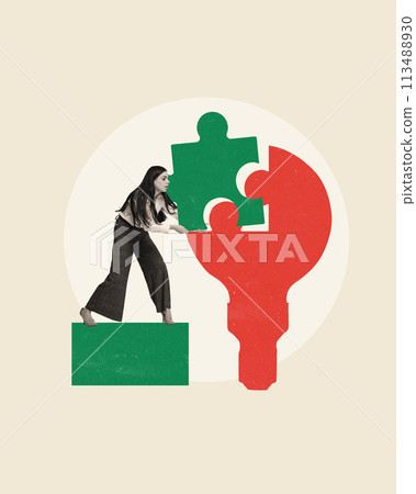 Young woman, employee putting lacking puzzle into lightbulb. Conceptual creative design. Visual metaphor for idea generation Young woman, employee putting lacking puzzle into lightbulb. Conceptual creative design. Visual metaphor for idea generation 113488930