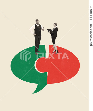 Businessman and woman with laptop standing on speech bubble. Conceptual creative design. Importance of effective communication Businessman and woman with laptop standing on speech bubble. Conceptual creative design. Importance of effective communication 113488932