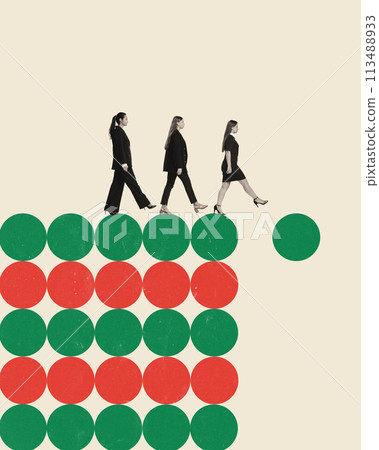 Three women, employees walking forward on red and green dots Conceptual creative design. Coordinated approach to achieve goals and overcome obstacles 113488933