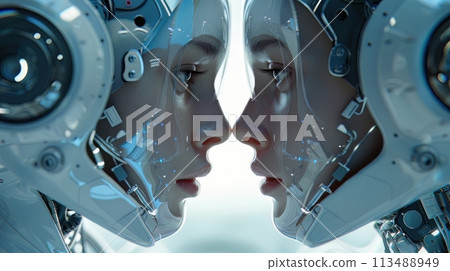 Capture the essence of Artificial Intelligence merging with empathy in a CG 3D rendering Explore the concept with a perspective from below, showcasing a unique and unexpected angle 113488949