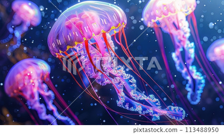 Capture the fluorescent jellyfish floating gracefully in zero-gravity with a pixel art digital rendering - a glimpse of otherworldly beauty 113488950
