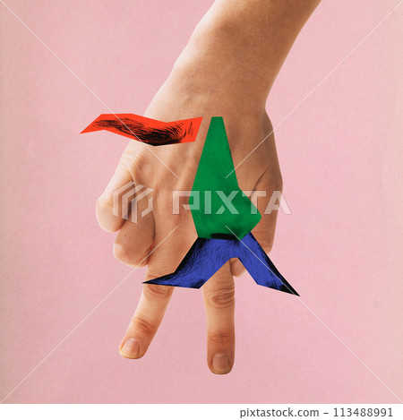 Contemporary art. collage. Hand with colorful pieces simulating human on fingers against pink background. Ability to create and release. 113488991