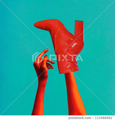 Contemporary art. collage. Red hands reaching elegantly to red high-heel shoe on arm against teal background. Balance and poise 113488992