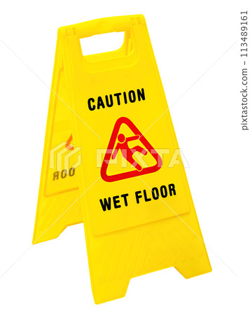 Caution Wet Floor yellow warning sign isolated on white 113489161