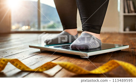 Overweight Girl Using Scales in Front a Measuring Tape on Wooden Floor - Generative Ai 113489595